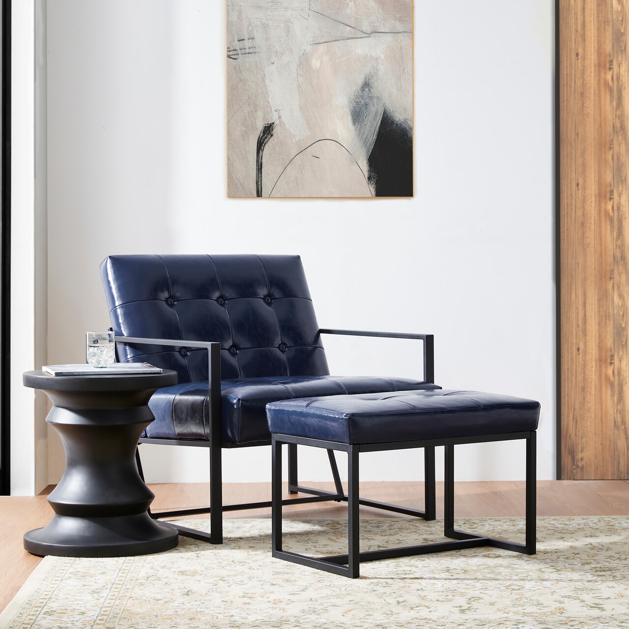 Set of 2 Modern Hunter Thick Leatherette Accent Chair & Accent Stool